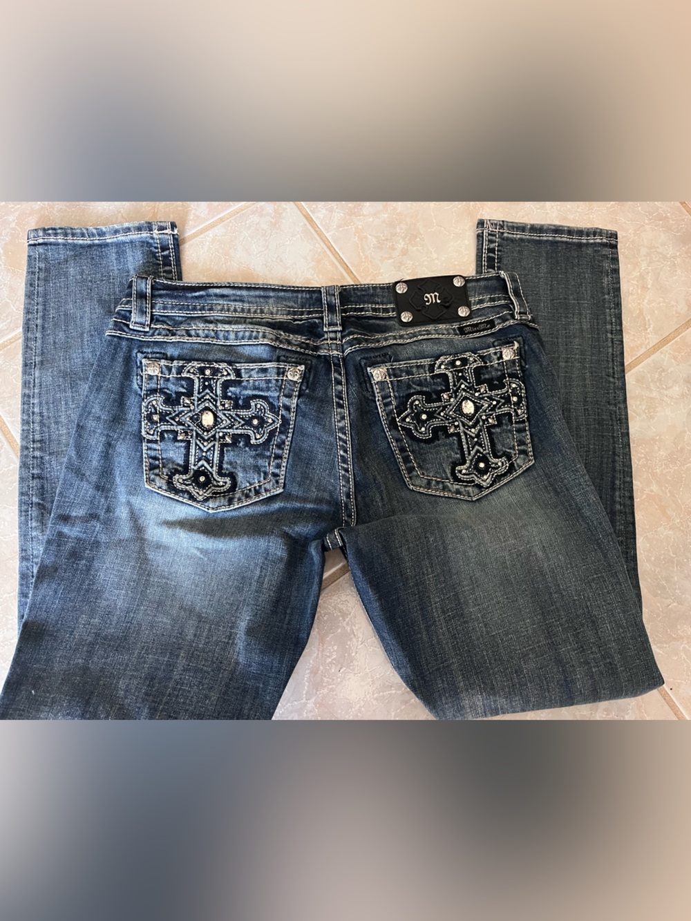 Miss Me Dark Blue Bootcut Jeans with Embroidered Cross Pockets